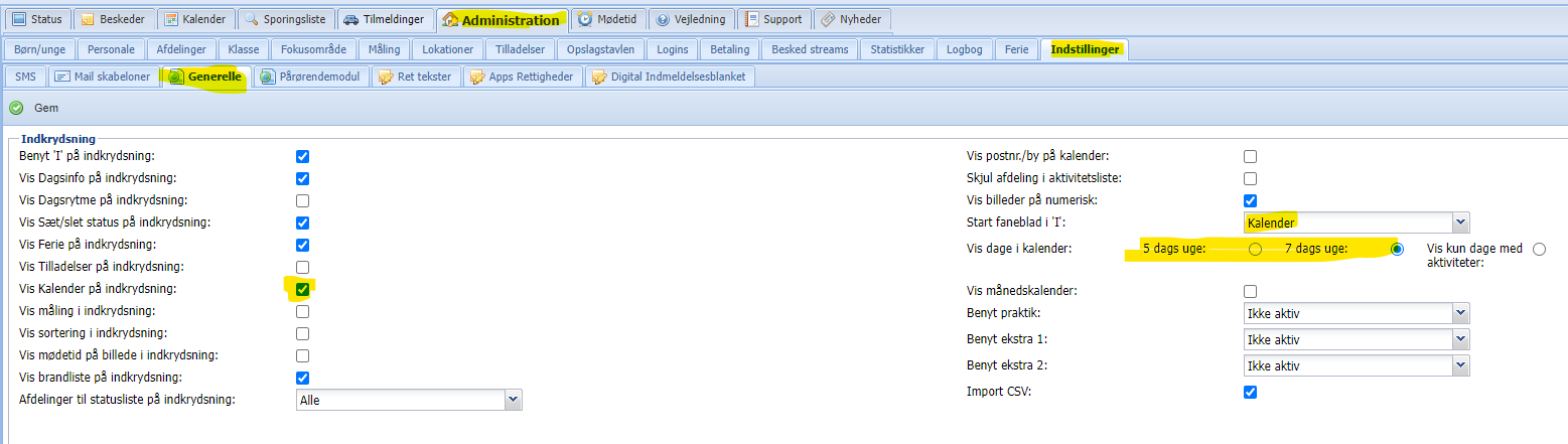 EasyKom - kalender indstillinger